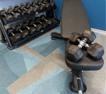 A black dumbbell is on a black bench.